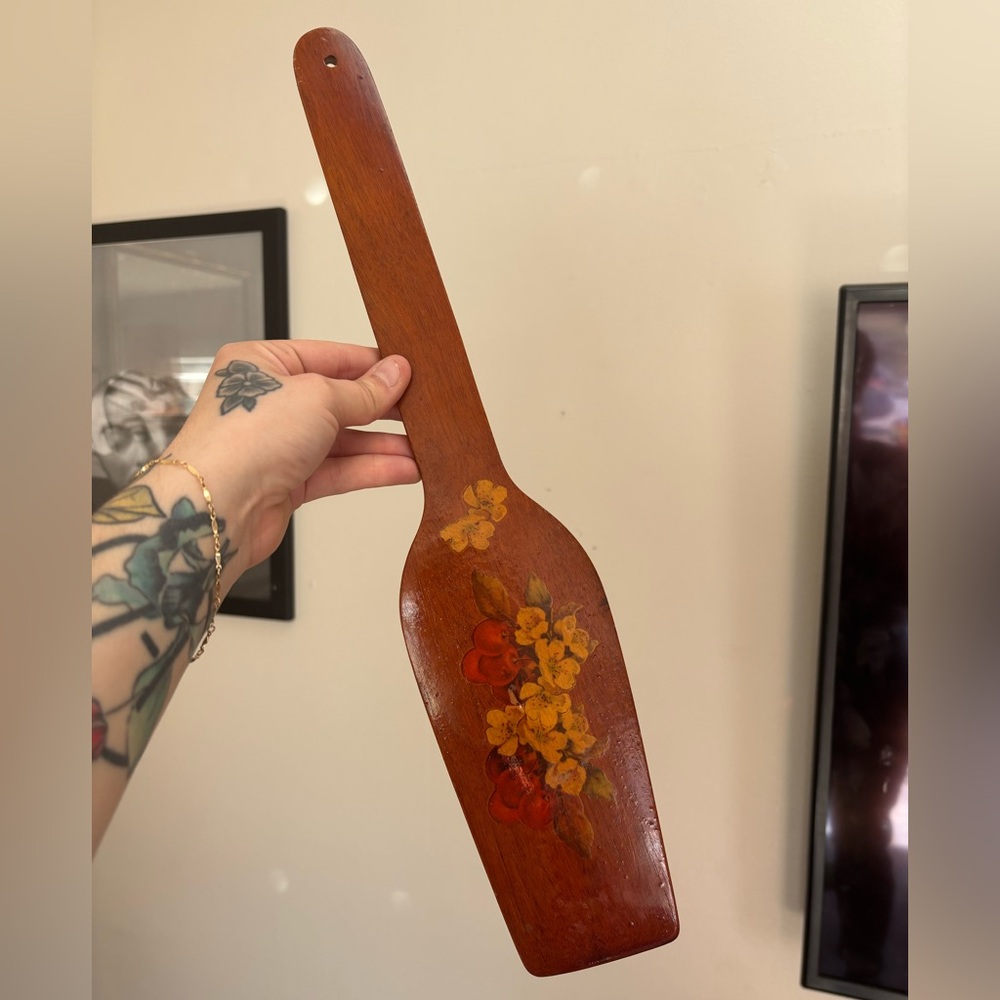 Hand-Painted Wooden Decorative Paddle with Floral Design - Brown, Red, Yellow